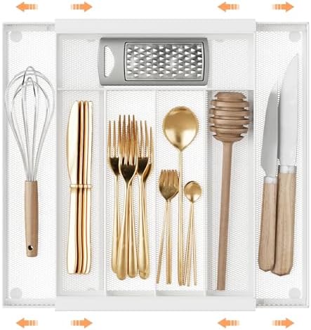 Sedegn Expandable Kitchen Utensil Organizer - 9.6" to 16.1" Adjustable Cutlery Tray with 5-7 Compartments - Fits Various Drawer Sizes & Holds Large Ladles Spatulas Forks Spoons & Knives White
