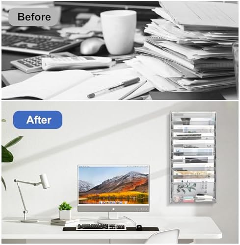 EasyPAG Wall File Holder 10 Tier Mesh Hanging Folder Organizer with Flat Tray Wall Mounted Mail Organizer Magazine Paper Desk Shelf with Nametag Label for Office Home School, Silver