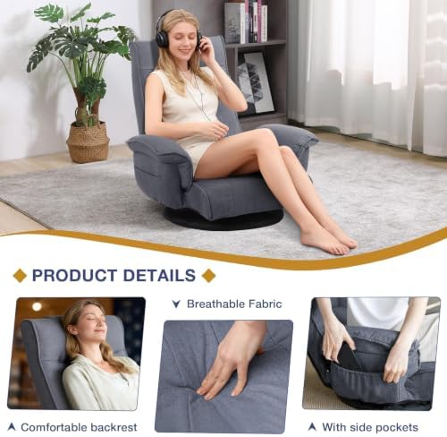 Linen Fabric Ergonomic Gaming Chair, 6-Position Reclining Sofa Bed with Lumbar Support, Foldable Floor Lounger with Thick Cushion, Armrests & Side Pockets for Esports, Reading, Napping (Gray)