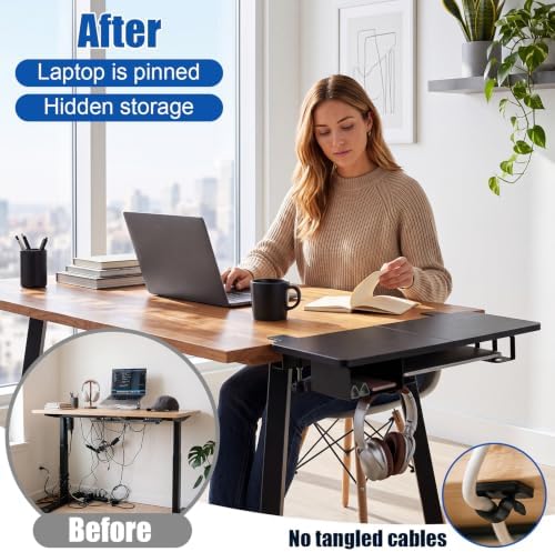 Novabright 24" x 12" Desk Extender Tray with Side Storage Rack Heavy Duty Desk Extender Under Desks Laptop Mount Keyboard Extenders for Desks with a Concealed Storage Area for Cable & Earphone (Black)