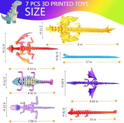 7pcs 3D Printed Dinosaur Crystal Dragon Snake T-Rex Fidget Toys,Flying Dragon，Desk Executive Toy，Easter,Toys for Boys Kids Teen 5-7 4-6 8-12