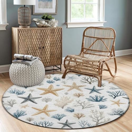 Men's Large Home Decor Mat, Soft Round Yoga Carpet, Non Slip Machine Washable Home Office Circle Rug Coral Seashell Starfish