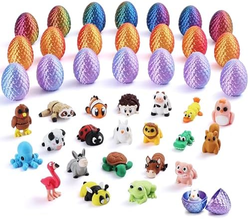 MONJITA 21 Pcs 3D Printed Easter Eggs with 21 Pcs Mini Animal Figurines Inside, Flexible Articulated Fidget Toys, Party Favors, Easter Basket Stuffers, Gifts for Kids Students Carnival Prizes