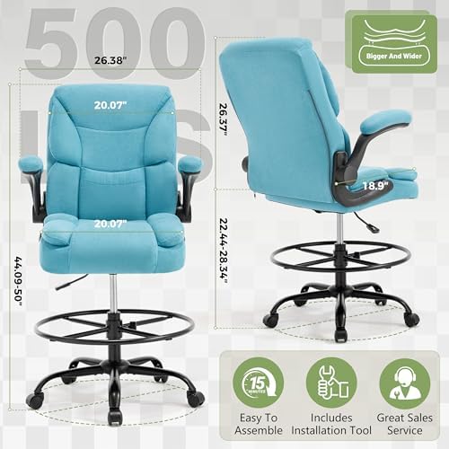 500LBS Drafting Chair, High Back Safer Standing Desk Chair, Executive Tall Office Chair with Flip-up Armrests, Upholstered Fabric Task Chair, Ergonomic Seat with Adjustable Height&Foot Ring, Blue