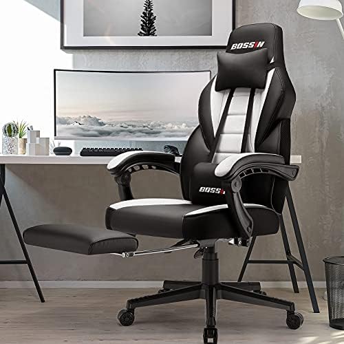 BOSSIN Big and Tall Gaming Chair with Footrest and Massage, 400lb Weight Capacity, Ergonomic Heavy Duty Chair with Large Size Seat and High Back