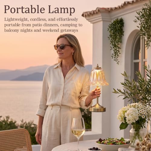 Cordless Table Lamp, Rechargeable Amber Glass Tulip Flower Touch Lamp