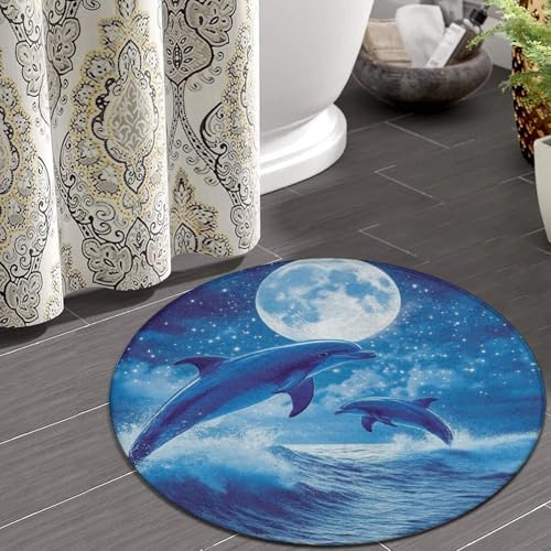 Large Round Area Rug Home Decor Modern Bathroom Rug Kitchen Office Circle Rug for Living Room Sofa Circle Cute Mat Blue Great Water of Waves Sea Full Moon Dolphin Art, 24inch