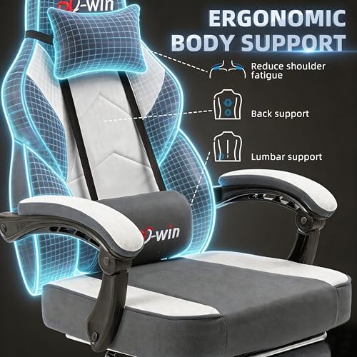 Shintenchi Big and Tall Gaming Chair Fabric Pocket Spring Cushion,High Back Recliner with Footrest and Headrest for Adults, Massage Lumbar Support for Home Office, Ergonomic Computer Desk Chair, Gray
