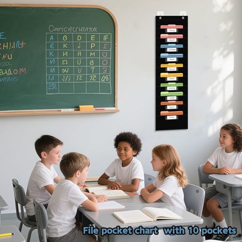 ANCOMEDO 10 Pocket Hanging Wall File Organizer with 10 Nametag Pockets, File Pocket Chart for Classroom and Office. Perfectly Stores Assignments, Files, Scrapbooks, and Documents.