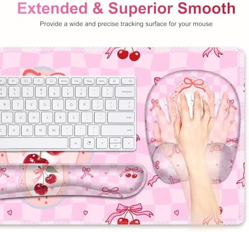 Cute Check Mouse Pad with Wrist Support 4 in1 Set, XXL Big Game Mousepad + Keyboard Wrist Rest + Mouse Wrist Rest Pad +Coaster Gaming Mat for Work Study Home Office I Pink Cherry & Bow Dream