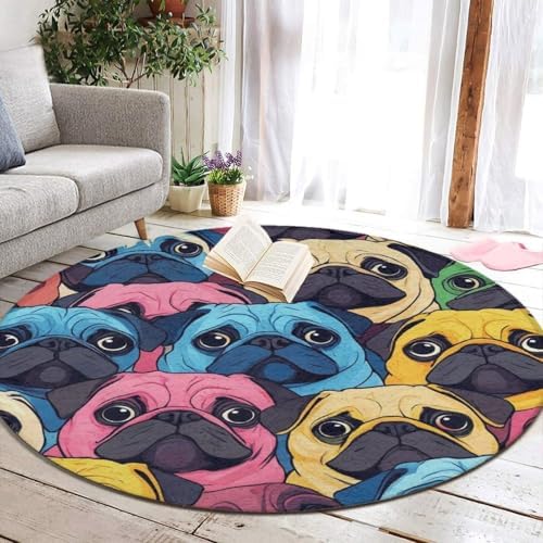 Fashion Round Area Rug Large Non Slip Carpet, Colorful Pug Dogs Funny Puppy Unisex Home Decor Mat