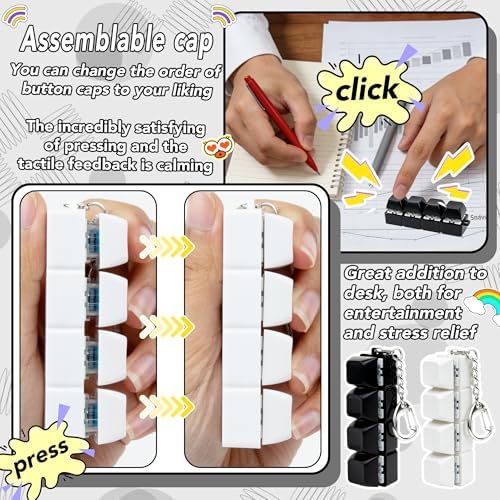 2 PCS White & Black Keyboard Fidget Toy, Keyboard Fidget Keychain 4-in-1 Keyboard Decompression Button Finger Clicker Toys, Button Stress Relief Fidget Gifts to Relief Stress (General)