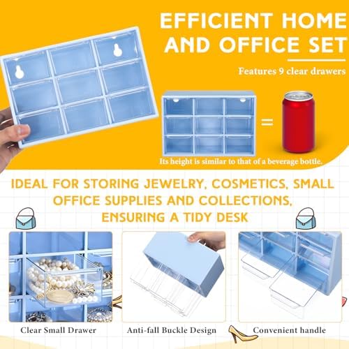 Wenqik 2 Pcs Mini Storage Drawers with 9 Clear Drawers, Blue