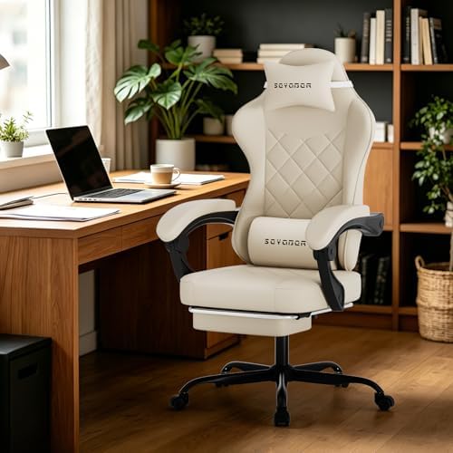 Gaming Chair with Footrest, Ergonomic Leather Computer Chair with Lumbar Support, Height Adjustable High Back Swivel Office Chair for Adults, Gamer Chair for Gaming, Working,Beige