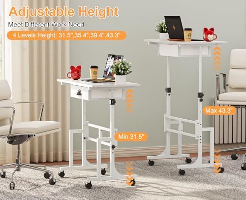 Cidaziya Adjustable Height Standing Desk for Walking Pad Treadmill, Portable Rolling Desk for Laptop with Drawer, Small Moblie Sit to Stand Desk On Wheels with Stiffener for Home Office Dorm Bedroom
