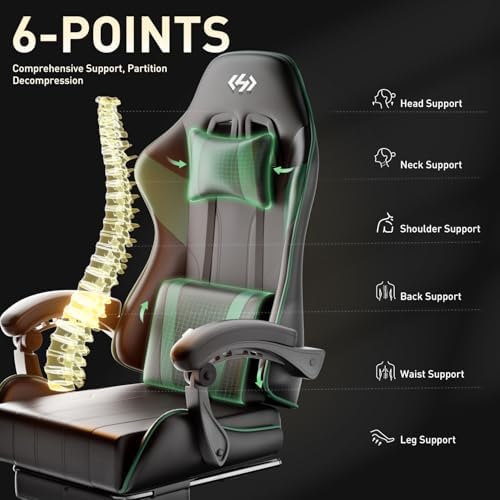 HLDIRECT Gaming Chair with Footrest, Lumbar Support & Headrest, Black&Green
