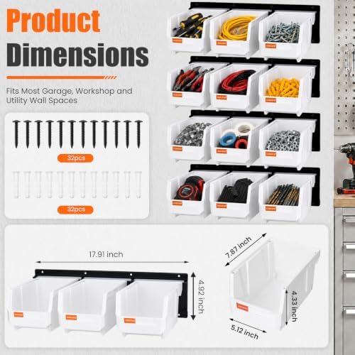 12pc Wall-Mounted Storage Organizer Set with Metal Rails White