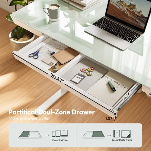 FEZIBO 55 Inch One-Piece Standing Desk with Glass Top and Drawer, White