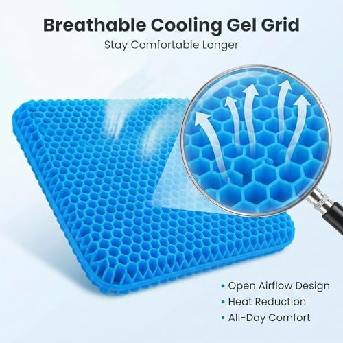Extra Thick Large Pure Gel Seat Cushion for Long Sitting, Breathable Comfort Cushion for Back, Sciatica, Tailbone & Hip Pain Relief, Washable Portable Cushion for Office Chair, Car, Wheelchair
