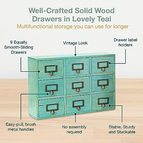 Teal Wooden Drawer Organizer for Desktop - Vintage Apothecary Cabinet w/ 9 Drawers - Wood Desk Organizer - Home Office Desk Organizers and Accessories - Tabletop Chest of Drawers for Bedroom