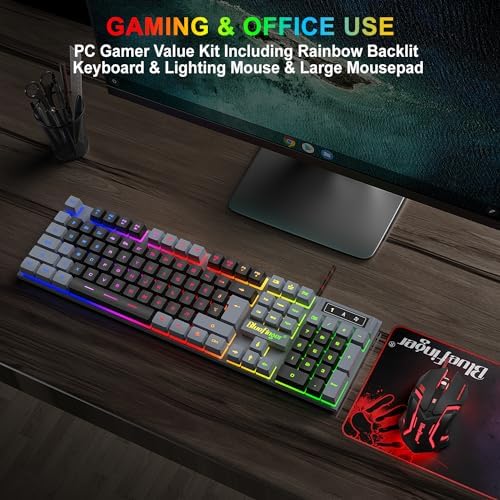 BlueFinger RGB Gaming Keyboard and Backlit Mouse Combo, USB Wired, LED Gaming Set for Laptop PC Computer Game and Work(Gray & Black)