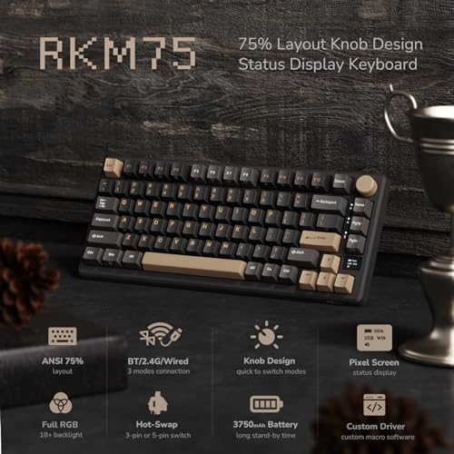 RK ROYAL KLUDGE M75 Wireless Mechanical Keyboard 2.4Ghz/BT5.1/USB-C Gaming Keyboard 75% Layout 81 Keys Gasket Mount with OLED Display & Knob RGB Backlight Hot-Swappable Pale Green Switch, Grey