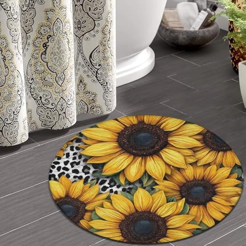 Highly Premium Quality Floor Mat, Office Chair Decor Mat, Room Sofa Yoga Soft Round Carpet 80s Vintage Cow Print Sunflowers, 24inch