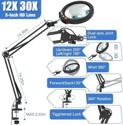 30X 12X Large Magnifying Glass with Light and Clamp, 5-Inch Optical HD Lens