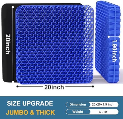 Gel Seat Cushion for Long Sitting Hip Pain, 20x20inch Jumbo Thick Soft & Breathable Cushion for Wheelchair Gel Seat Cushion for Office Home Chairs (Blue)