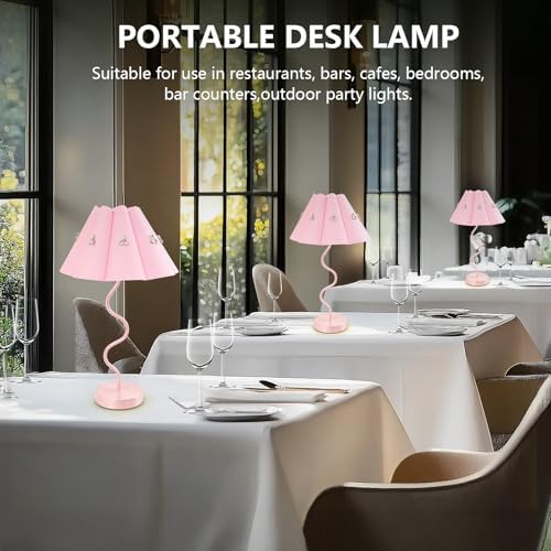 Cordless Rechargeable LED Table Lamp, Portable Desk lamp Battery, 3 Color Stepless Dimming with Memory Function, Suitable for Outdoor, Dinner, Patio & Restaurant. (Pink with Diamonds)
