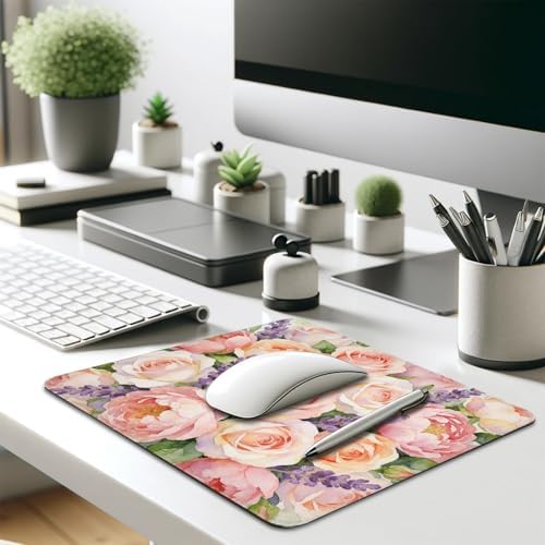 Watercolor Pink Roses Mouse Pad, Purple Lavender Floral Flower Desk Mat