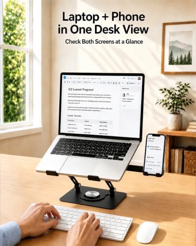 2-in-1 Laptop Stand with Phone Holder, 360° Swivel Laptop Riser for Desk