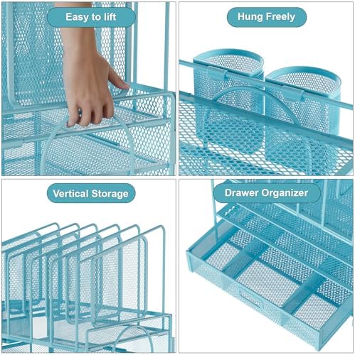 Marbrasse Desk Organizers, 4-Tier Mesh Desk File Organizer with 5 Vertical File Holders and 2 Pen Holders, Multifunction Desktop Organizer,Desk Organizers and Accessories for Home Office (Blue)