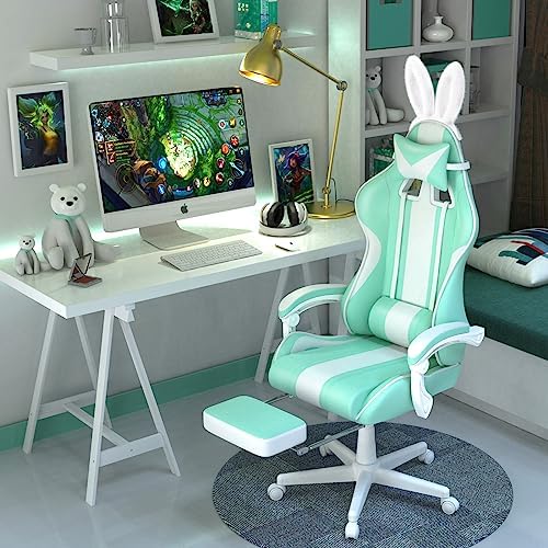 Ferghana Kawaii Light Green Gaming Chair with Bunny Ears, Ergonomic Cute Gamer Chair with Footrest and Massage, Racing Reclining Leather Computer Game Chair 250lbs for Girls Adults Teens Kids