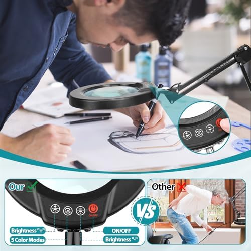 12X Magnifying Glass with Light and Stand, 2-in-1 Desk Lamp & Clamp Light, Seylae 5 Color Modes, Brightness Stepless Dimmable LED Lighted Magnifier Hands Free, Magnifier Lamp for Close Work, Reading