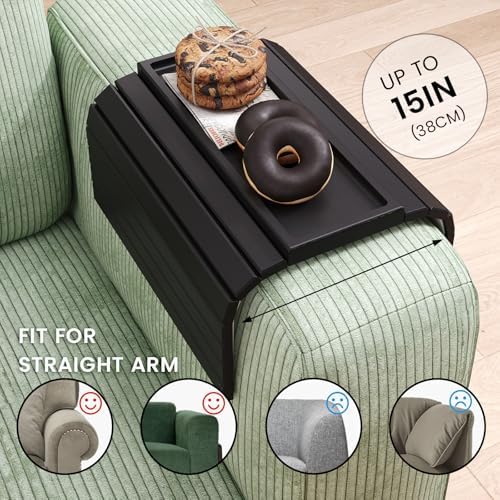 2 Pack Bamboo Folding Sofa Arm Tray with Anti-Slip Pad (Black)