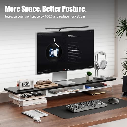 FENSULN Dual‑Tier Monitor Stand for Modern Desk Setup – Minimalist Wooden and Metal Riser Shelf with Transparent Acrylic Feet for Dual Monitors, Laptops, Home Office Aesthetic，Black and White