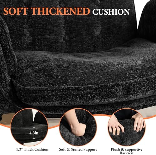 Criss Cross Chair with Footrest & 5 Level Folding Arms Full Relaxation, Wide Cross Legged Office Chair for Home Office, Comfy Swivel Desk Chair with Ottoman, Chenille Vanity Chair (Black)