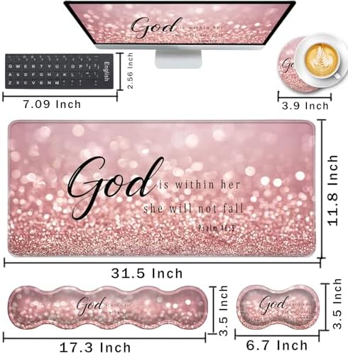 Keyboard Wrist Rest and Mouse Pad with Wrist Support Set Ergonomic Coaster,Memory Foam,Easy Typing Pain Relief,Large XL Desk Mat 31.5"x 11.8",Rose Gold Glitter Quote Bible Verse Psalm 46-5