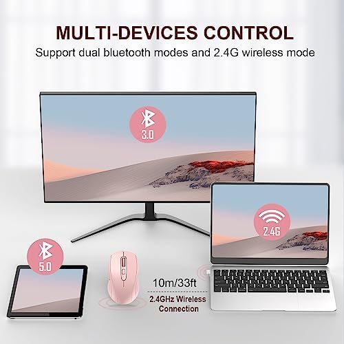 TECKNET 2-in-1 Bluetooth Mouse (BT 5.0/3.0+2.4Ghz), 6-Level 4000 DPI Pink