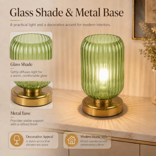 Cordless Glass Table Lamp, 3 Color Modes & Stepless Dimming, Green
