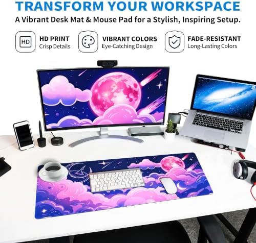 Extended Cute Kawaii Desk Mat, XL Large Gaming Mouse Pad, Pink Galaxy Cloud Moon Stitched Edges Waterproof with Non-Slip Rubber Base for Computer Keyboard Laptop Work Home Office 31.5"x11.8"