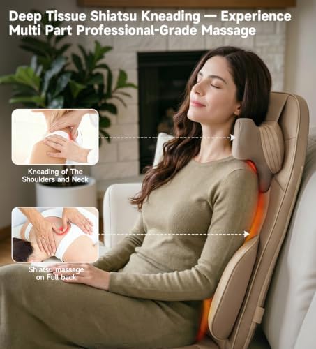 Flekzo Shiatsu Back Massager Chair Pad with 4-Zone Heat, Deep Tissue Kneading & Rolling, 6-Point Finger-Grip Neck & Back Massage, Adjustable Height, Office Chair & Recliner Seat Cushion, Khaki