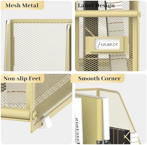 SUPEASY Desk Organizers Metal Desk Magazine File Holder with 5 Vertical Compartments Rack File Organizer for Office Desktop, Classroom, Home Workspace, Golden Yellow, Plus