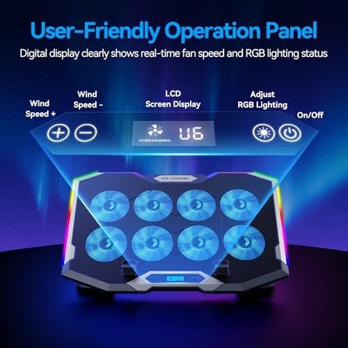 ICE COOREL Gaming Laptop Cooling Pad with 8 Cooling Fans, Laptop Fan Cooler Pad for 15-17.3 Inch, Notebook Cooler Stand with 6 Height Adjustable, RGB Cooling Pad with Two USB Port + Phone Stand