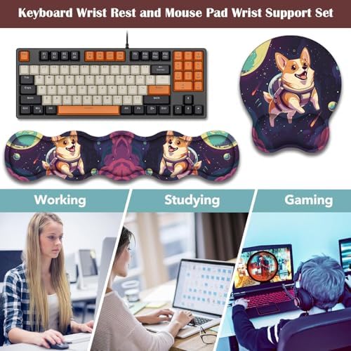 Keyboard Wrist Rest and Mouse Pad Wrist Support with Lace-Shaped Coaster Set, Ergonomic Gel Memory Foam and Anti-Slip Base, Easy Typing and Pain Relief - Space Corgis