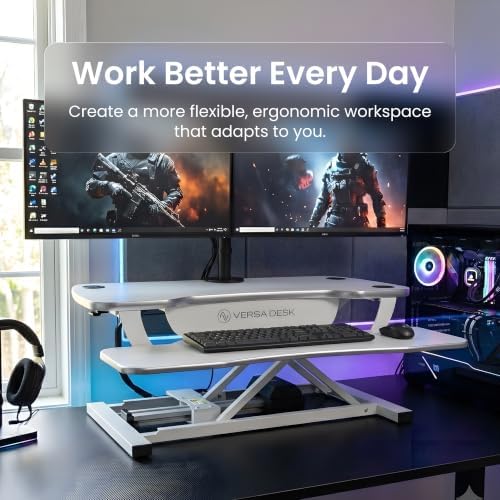 VERSADESK PowerPro 40 Inch Electric Standing Desk Converter – Push-Button Height Adjustable Sit to Stand Desk Riser for Triple Monitors & Laptop – Motorized Desktop Workstation with Wide Keyboard Tray