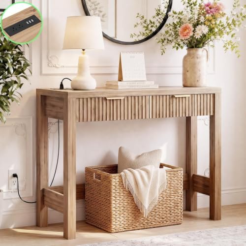 Cyclysio 32" Small Console Table with Charging Station & 2 Fluted Drawers