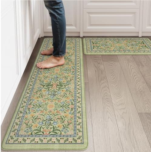 Collive Kitchen Rugs Sets of 2 Non Slip Washable, Green Kitchen Floor Mats