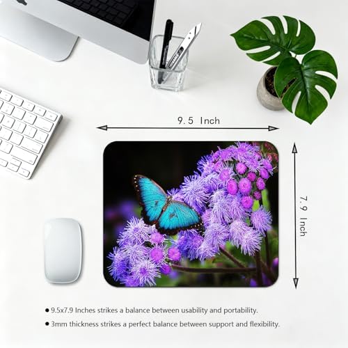 9.5x7.9 Inch Office/Gaming Mouse Pad, A Blue Morpho Butterfly on Purple Flowers Blooms Cute Anti-Slip Mat for Desk